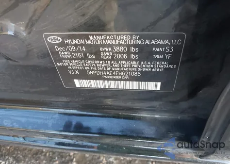 2015 Hyundai Elantra Se from USA, damaged, VIN 5NPDH4AE4FH621085
